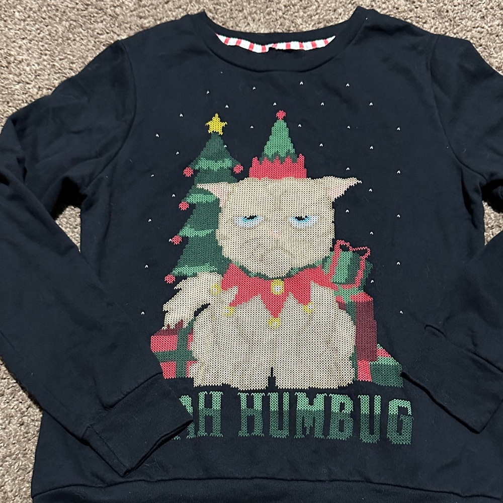 Festive Needlepoint Style Grumpy Cat Sweatshirt Small